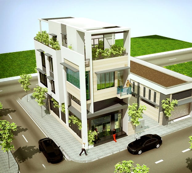 Phương án thiết kế mẫu nhà 3 tầng mặt tiền 9m diện tích 100m2 4 phòng ngủ hiện  đại BT518070 - Kiến trúc Angcovat